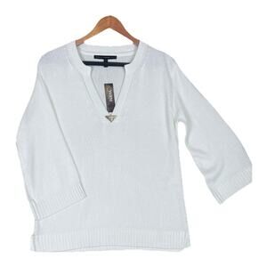 White House Black Market Sweater Sz Small Cream Elbow Sleeve V-Neck Hardware NEW